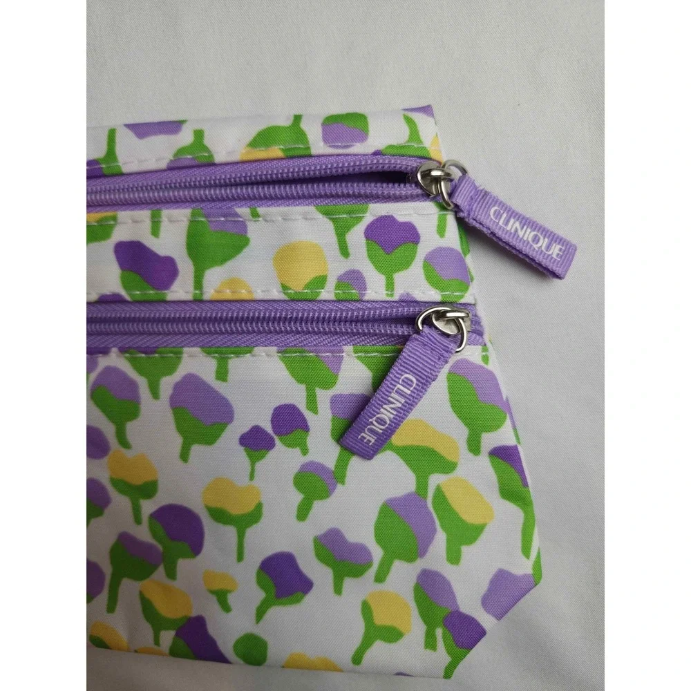 Clinique Floral Makeup Bag Purple Yellow Green Double Zip Cosmetic Pouch Travel